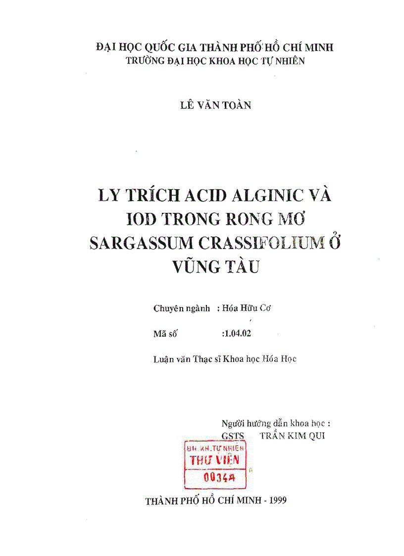 Ly trích acid alginic và iod trong rong mơ sargassum crassifolium ở vũng tàu