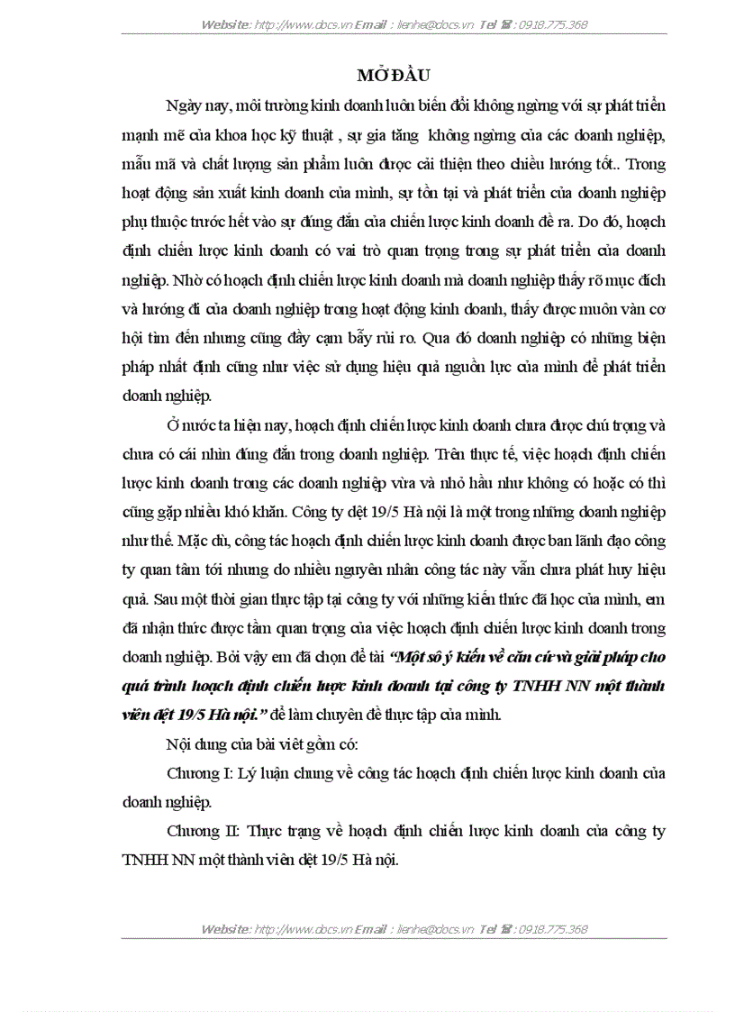 Một sô ý kiến về căn cứ và giải pháp cho quá trình hoạch định chiến lược kinh doanh tại công ty TNHH NN một thành viên dệt 19 5 Hà nội