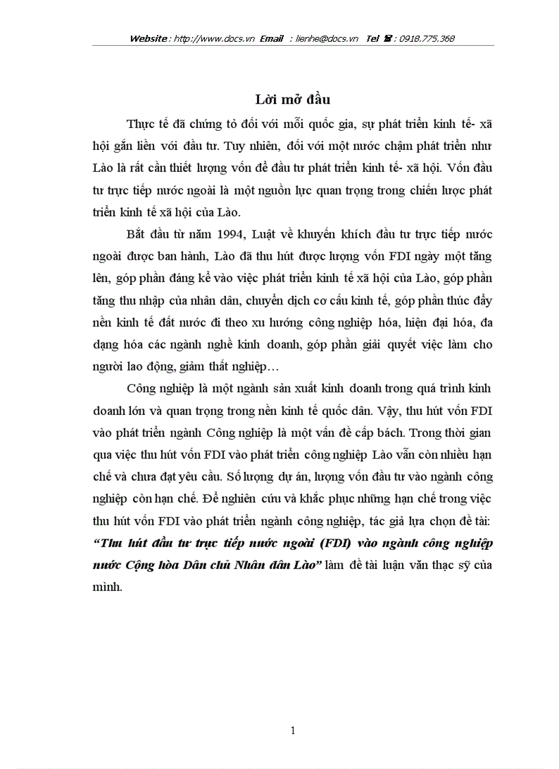 Thu hút FDI vào ngành công nghiệp nước Cộng hoà Dân chủ Nhân dân Lào
