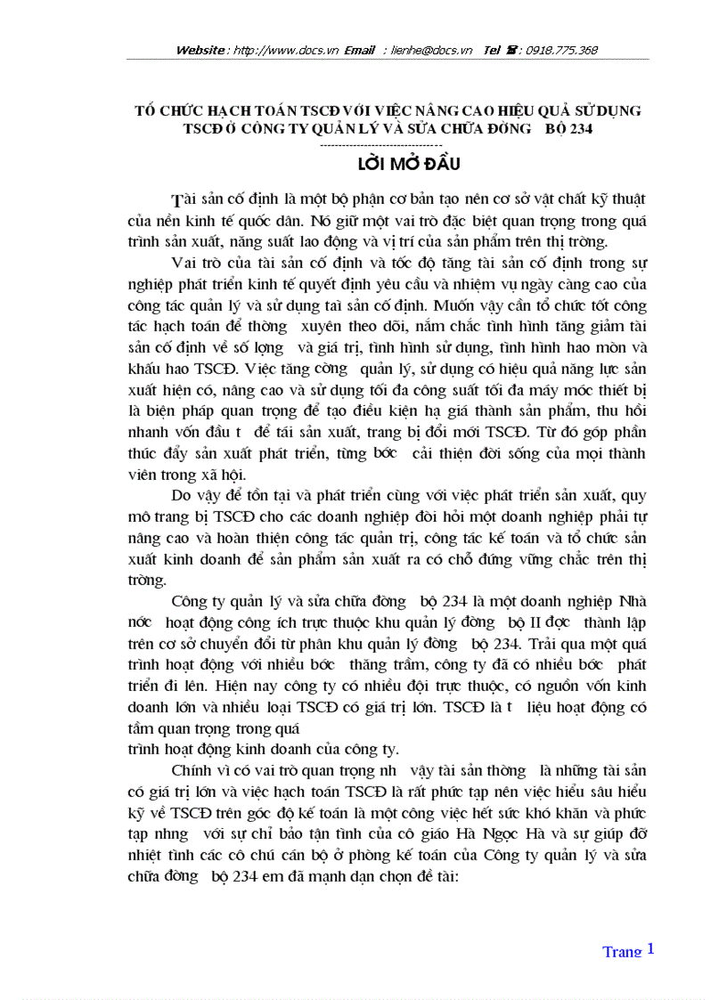 Tổ chức hạch toán TSCĐ với việc nâng cao hiệu quả sử dụng TSCĐ ở Công ty quản lý và sửa chữa đường bộ 234