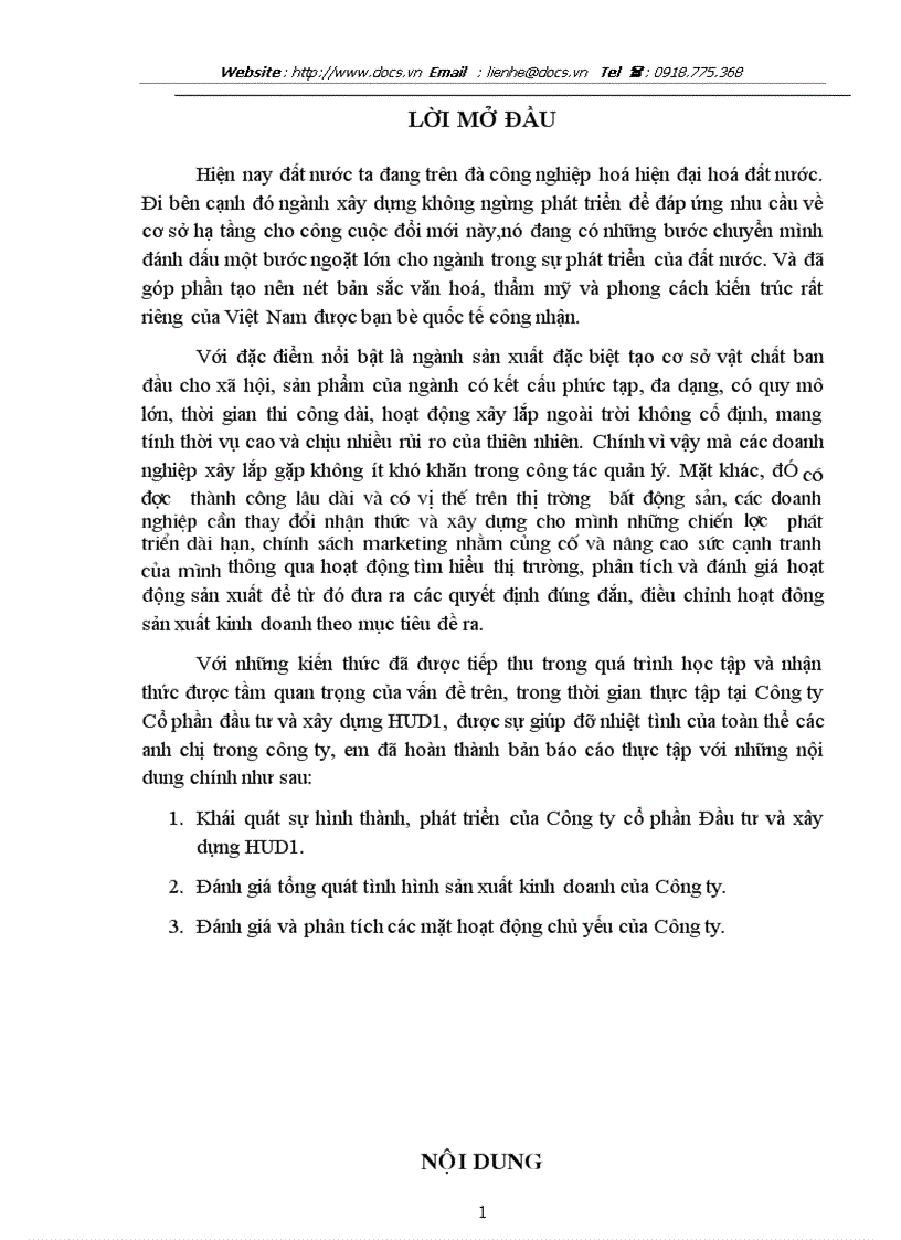 Báo cáo thực tập tại Công ty Cổ phần đầu tư và xây dựng HUD