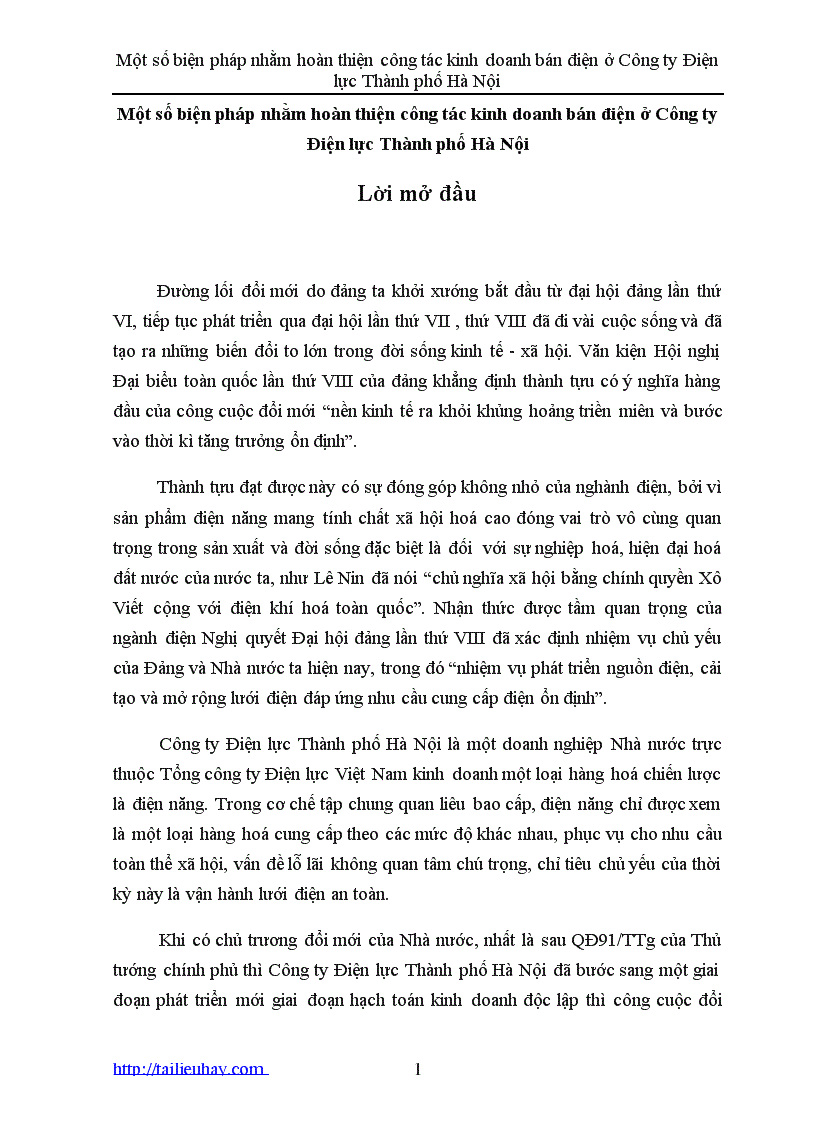 Một số biện pháp nhằm hoàn thiện công tác kinh doanh bán điện ở Công ty Điện lực Thành phố Hà Nội