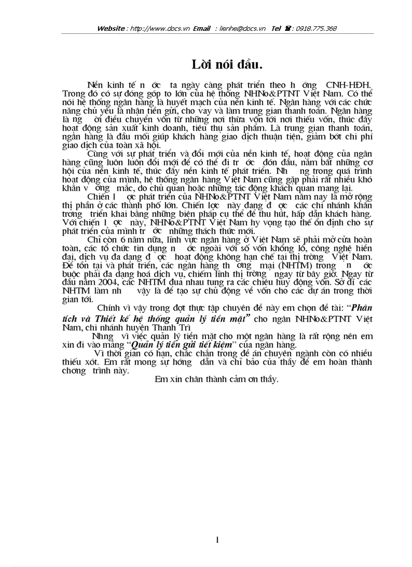 Phân tích và Thiết kế hệ thống quản lý tiền mặt cho ngân NHNo PTNT Việt Nam chi nhánh huyện Thanh Trì