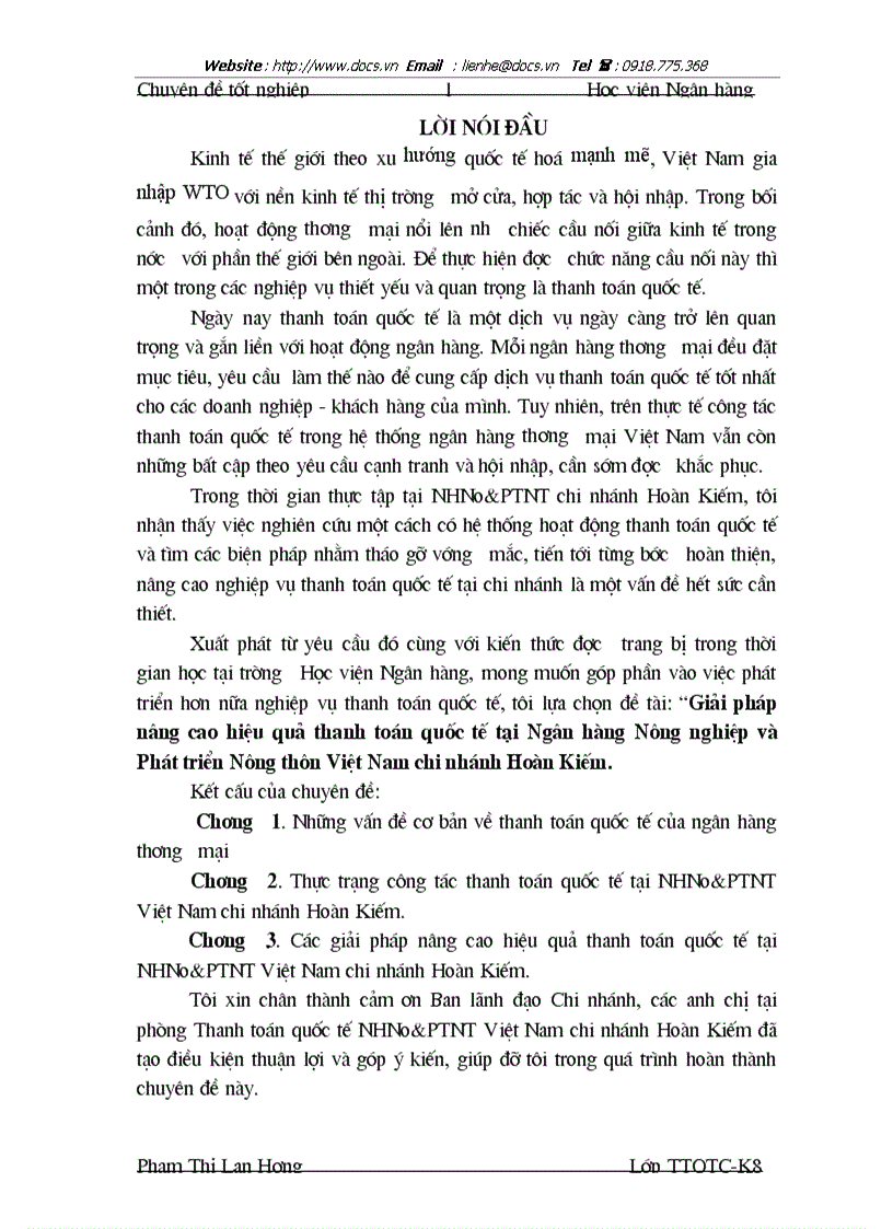 Giải pháp nâng cao hiệu quả thanh toán quốc tế tại Ngân hàng Nông nghiệp và Phát triển Nông thôn Việt Nam chi nhánh Hoàn Kiếm