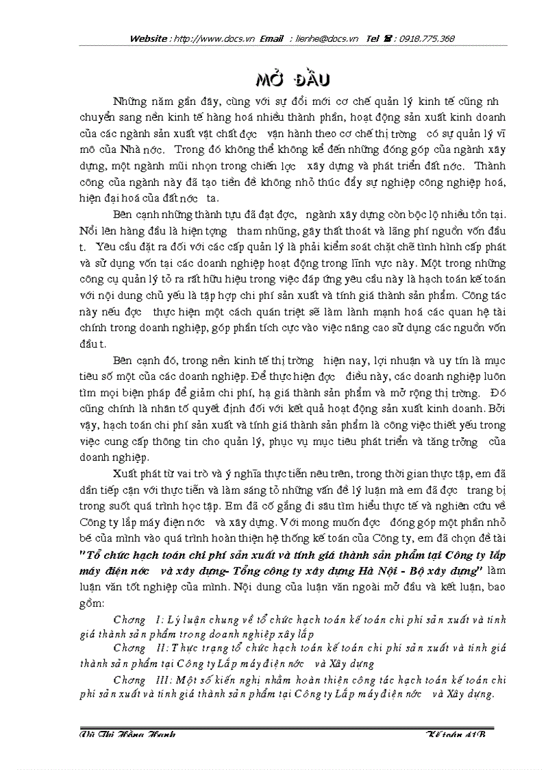 Tổ chức hạch toán chi phí sản xuất và tính giá thành sản phẩm tại Công ty lắp máy điện nước và xây dựng Tổng công ty xây dựng Hà Nội Bộ xây dựng