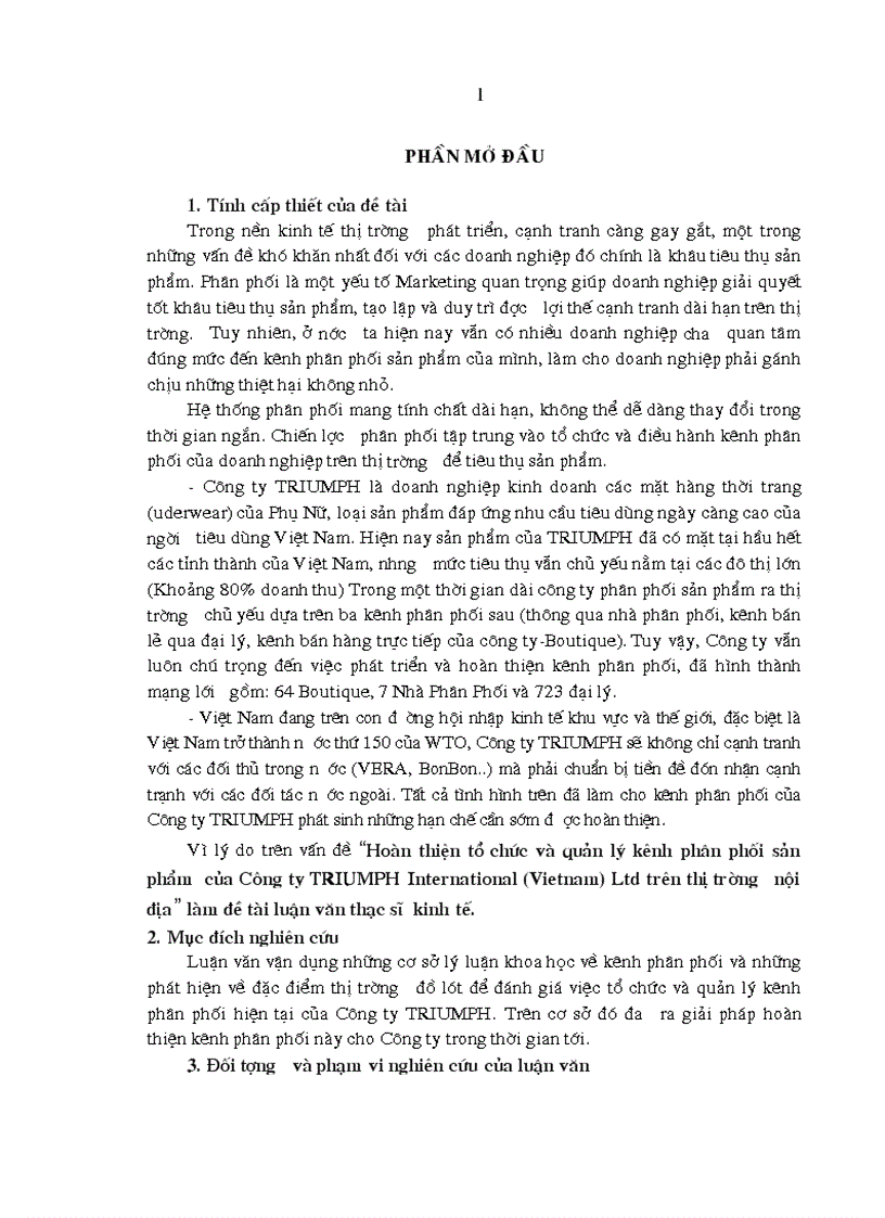 Hoàn thiện tổ chức và quản lý kênh phân phối sản phẩm của Công ty TRIUMPH International Vietnam Ltd trên thị trường nội địa làm đề tài luận văn th