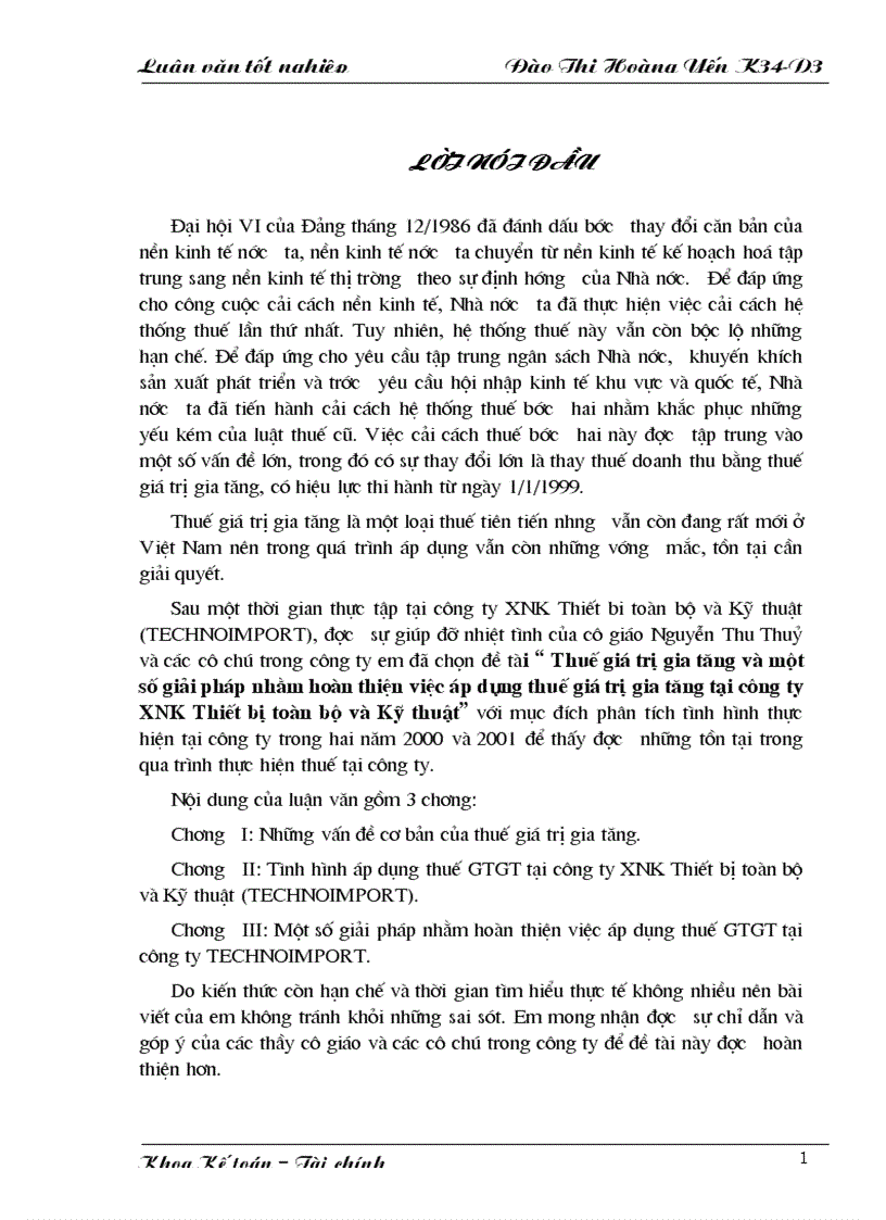 Thuế giá trị gia tăng và một số giải pháp nhằm hoàn thiện việc áp dụng thuế giá trị gia tăng tại công ty XNK Thiết bị toàn bộ và Kỹ thuật