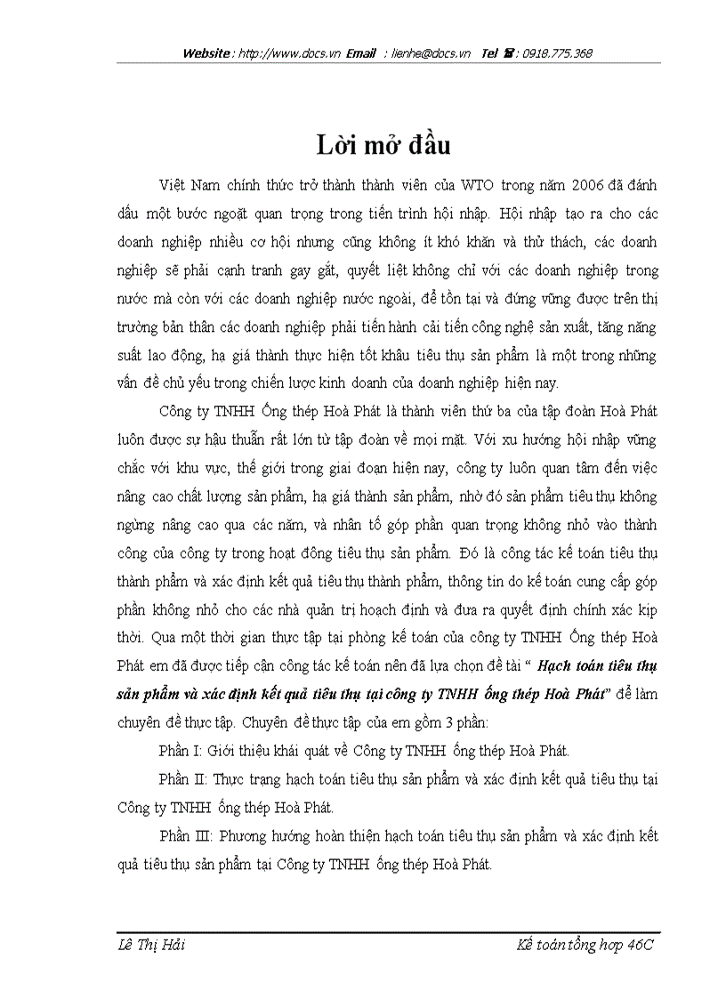 Hạch toán tiêu thụ sản phẩm và xác định kết quả tiêu thụ tại công ty TNHH ống thép Hoà Phát