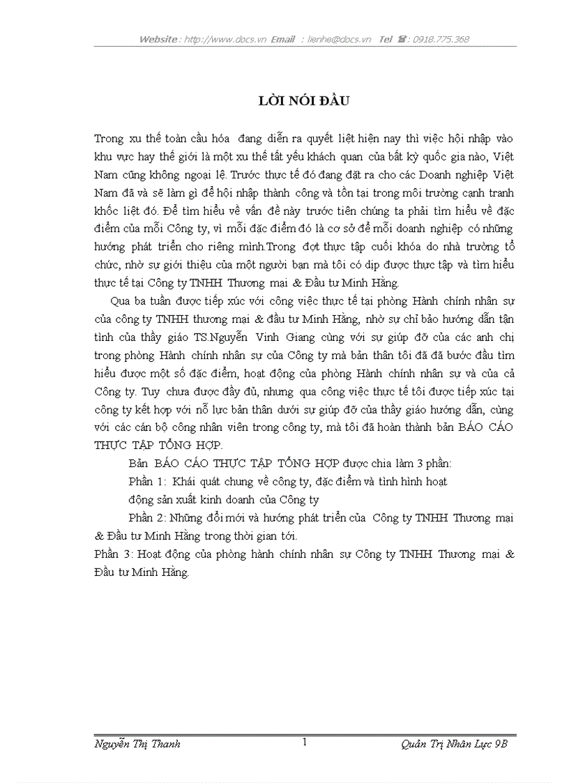 Báo cáo tại công ty TNHH Thương mại Đầu tư Minh Hằng