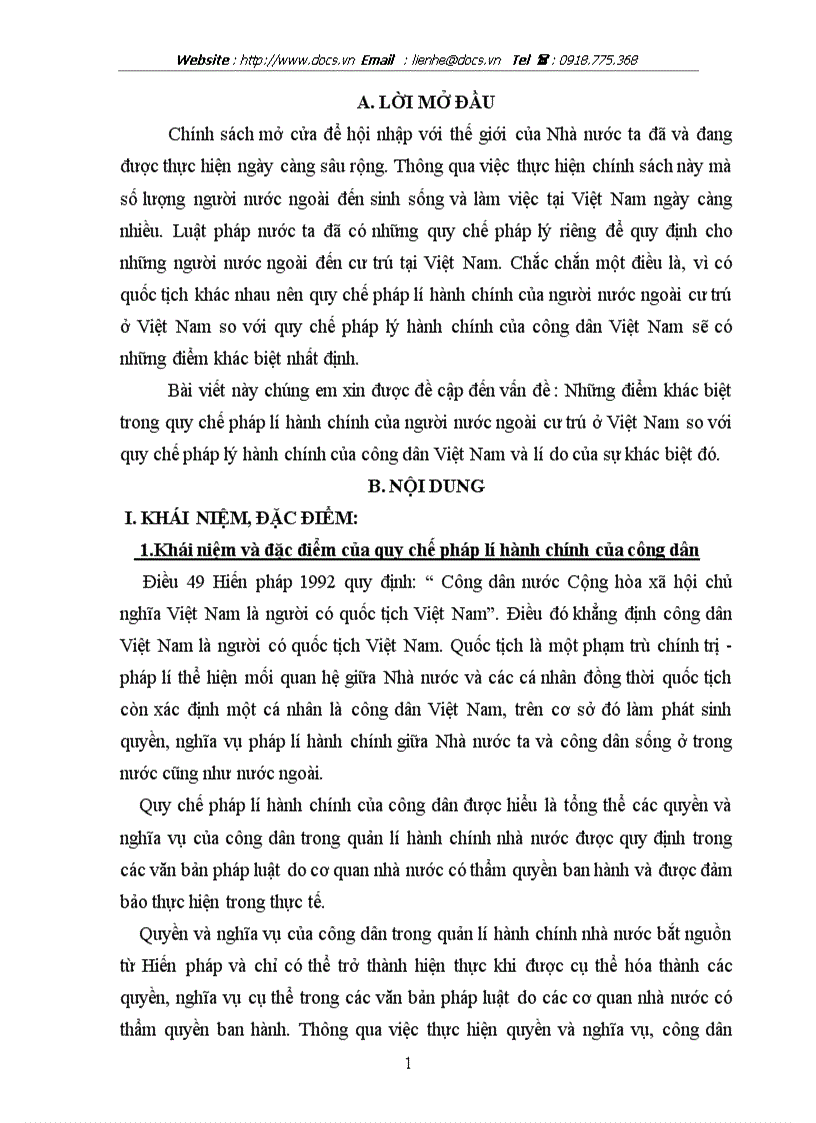 Những điểm khác biệt trong quy chế pháp lí hành chính của người nước ngoài cư trú ở Việt Nam so với quy chế pháp lý hành chính của công dân Việt Nam v