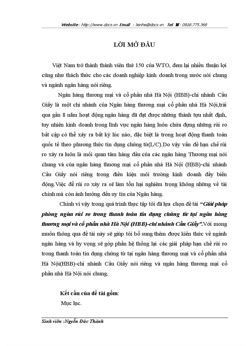 Giải pháp phòng ngừa rủi ro trong thanh toán tín dụng chứng từ tại ngân hàng thương mại và cổ phần nhà Hà Nội HBB chi nhánh Cầu Giấy