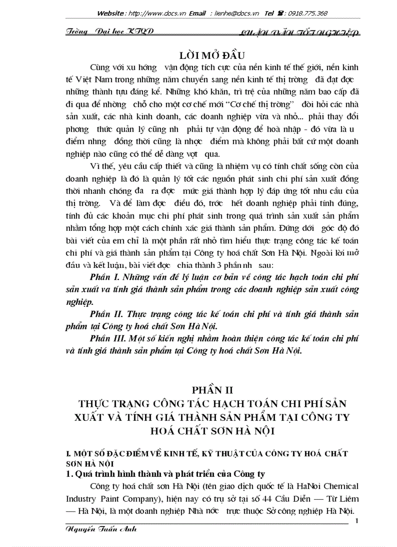 Thực trạng công tác kế toán chi phí và giá thành sản phẩm tại Công ty hoá chất Sơn Hà Nội