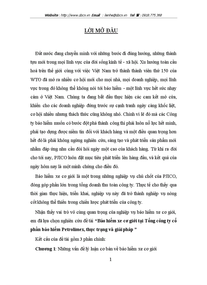 Bảo hiểm xe cơ giới tại Tổng công ty cổ phần bảo hiểm Petrolimex thực trạng và giải pháp