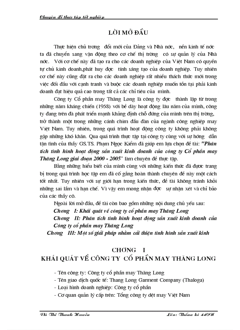 Phân tích tình hình hoạt động sản xuất kinh doanh của công ty Cổ phần may Thăng Long giai đoạn 2000 2005