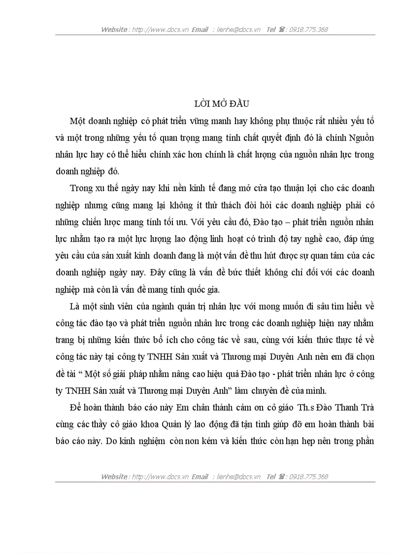 Một số giải pháp nhằm nâng cao hiệu quả Đào tạo phát triển nhân lực ở công ty TNHH Sản xuất và Thương mại Duyên Anh