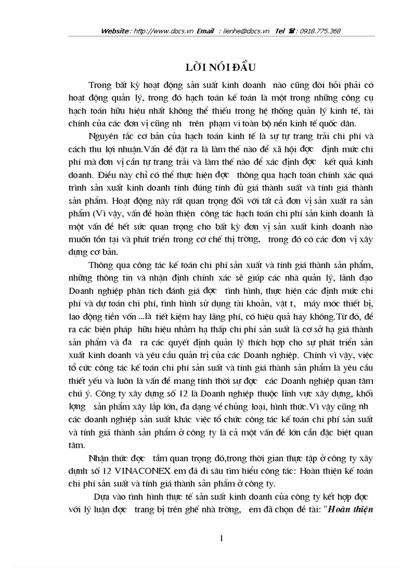 Hoàn thiện kế toán chi phí sản suất và tính giá thành sản phẩm ở công ty xây dựng số 12 VINACONEX