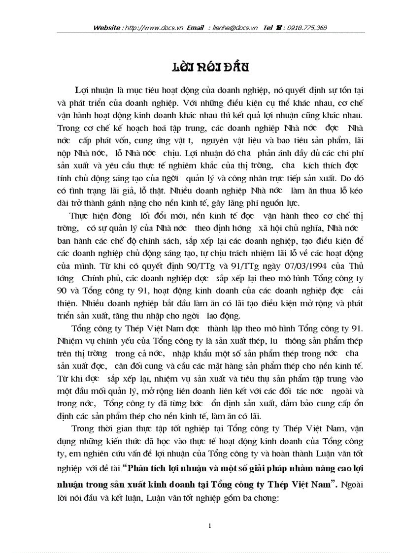 Phân tích lợi nhuận và một số giải pháp nhằm nâng cao lợi nhuận trong sản xuất kinh doanh tại Tổng công ty Thép Việt Nam