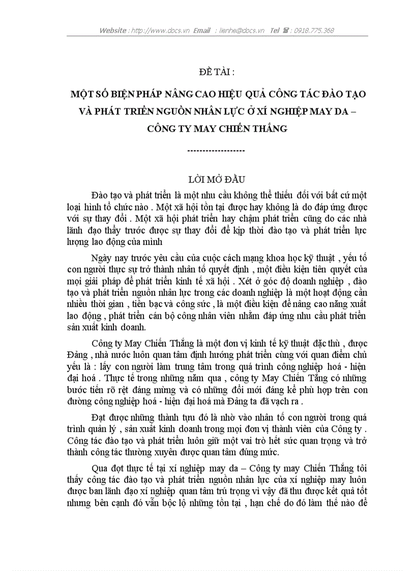 Một số biện pháp nâng cao hiệu quả công tác đào tạo và phát triển nguồn nhân lực ở xí nghiệp may da công ty may chiến thắng