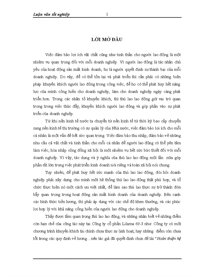 Hoàn thiện hệ thống thù lao lao động tại Công ty cổ phần Lilama 69 3 giai đoạn 2005 2007
