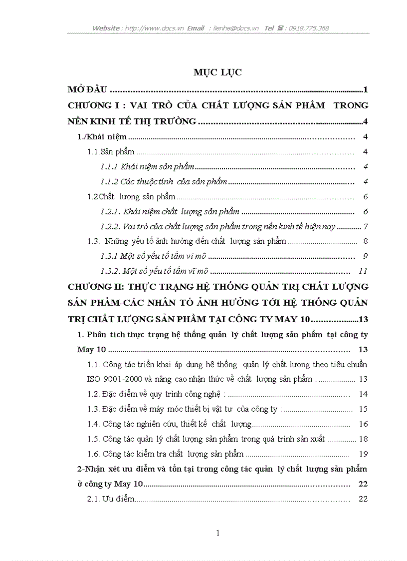 Một số vấn đề về quản lý chất lượng sản phẩm tại công ty May 10