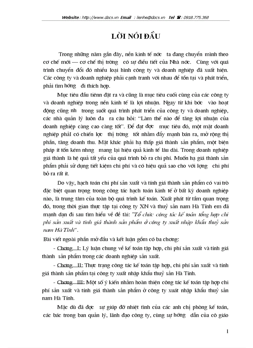 Tổ chức công tác kế toán tổng hợp chi phí sản xuất và tính giá thành sản phẩm ở công ty xuất nhập khẩu thuỷ sản nam Hà Tĩnh