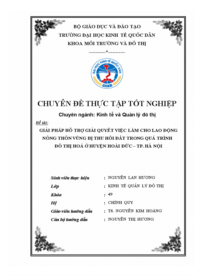 Giải pháp hỗ trợ giải quyết việc làm cho lao động nông thôn vùng bị thu hồi đất trong quá trình đô thị hoá ở huyện hoài đức tp Hà nội