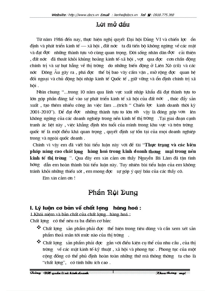 Thực trạng và các biện pháp nâng cao chất lượng hàng hoá trong kinh doanh thương mại trong nền kinh tế thị trường