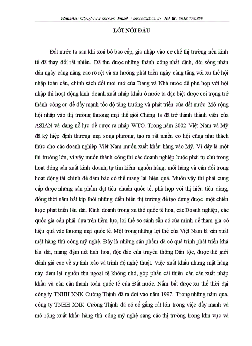 Một số giải pháp nhằm nâng cao hoạt động xuất nhập khẩu hàng thủ công mỹ nghệ của công ty TNHH XNK Cường Thịnh