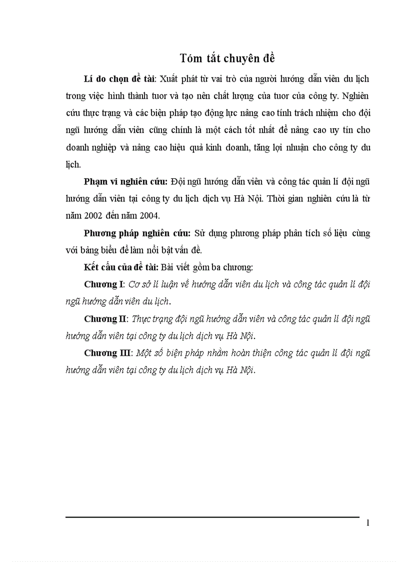 Hoàn thiện công tác quản lí đội ngũ hướng dẫn viên tại công ty du lịch dịch vụ Hà Nội