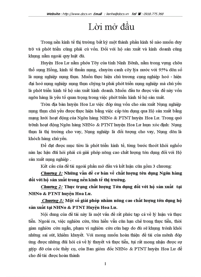 Chất lượng tớn dụng hộ sản xuất tại NHNo PTNT Huyện Hoa Lư