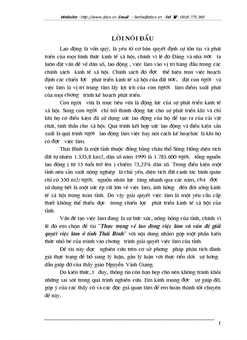 Thực trạng về lao động việc làm và vấn đề giải quyết việc làm ở tỉnh Thái Bình