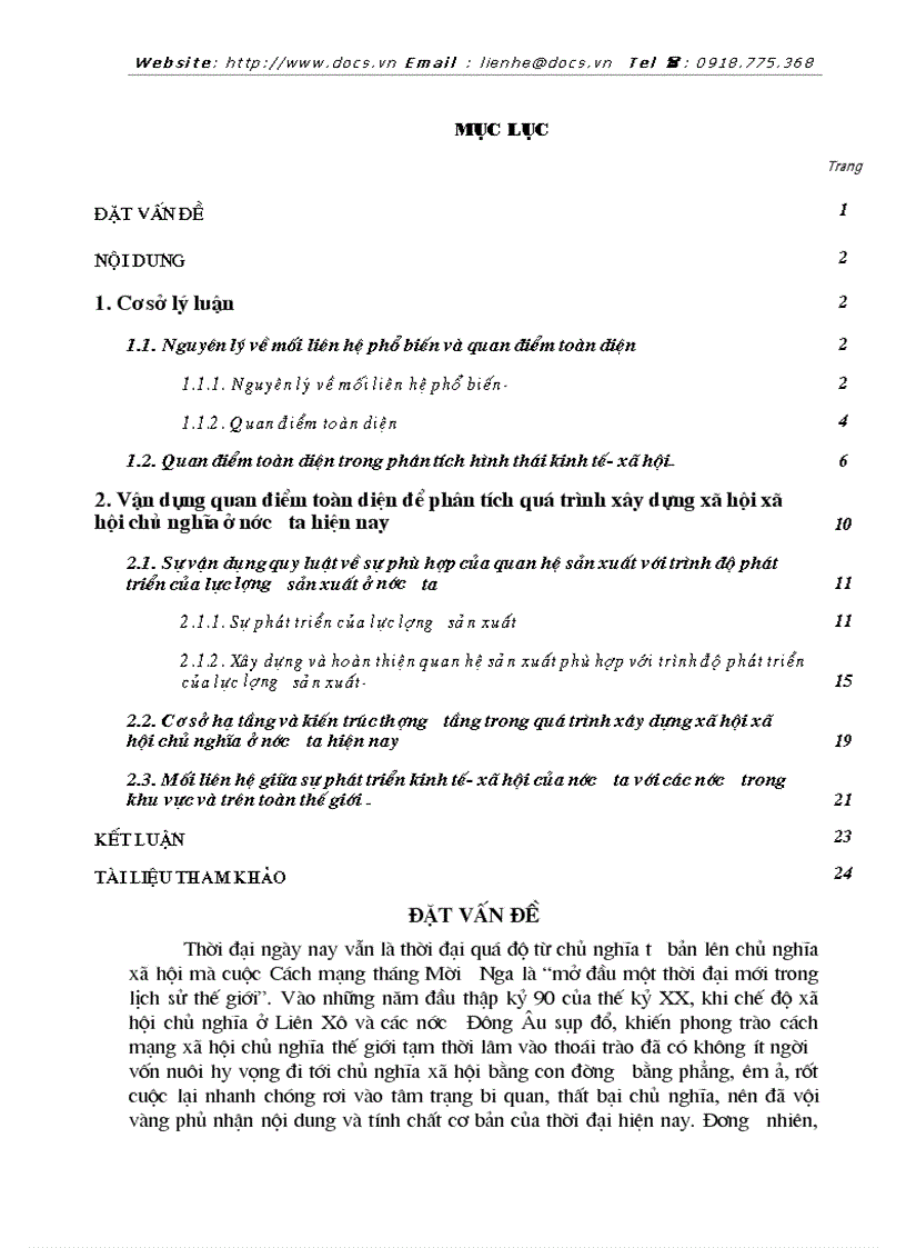 Vận dụng quan điểm toàn diện để phân tích quá trình xây dựng xã hội xã hội chủ nghĩa ở nước ta hiện nay