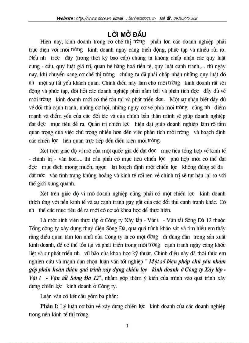 Một số biện pháp chủ yếu nhằm góp phần hoàn thiện quá trình xây dựng chiến lược kinh doanh ở Công ty Xây lắp Vật tư Vận tải Sông Đà 12