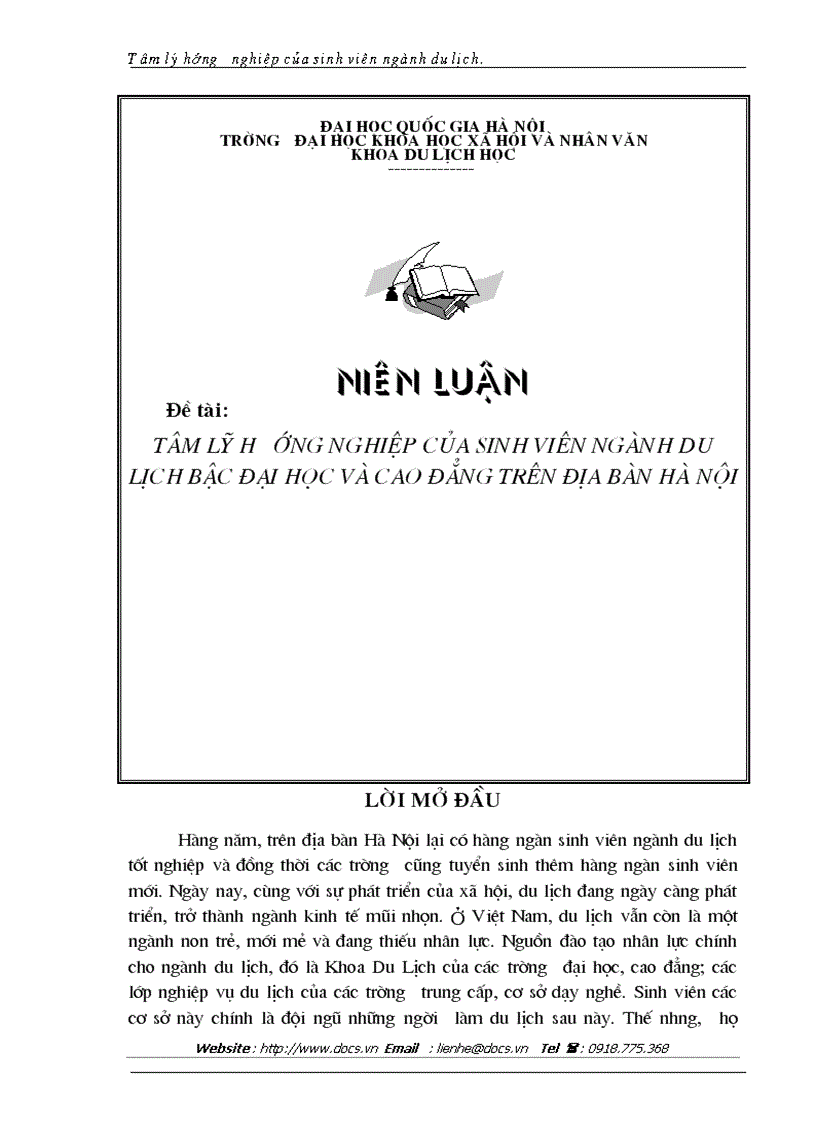 Tâm lý hướng nghiệp của sinh viên ngành du lịch bậc đại học và cao đẳng trên địa bàn hà nội