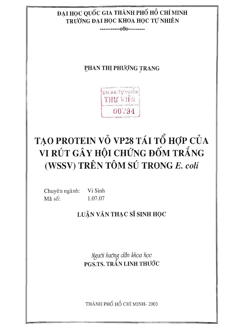 Tạo protein vỏ vp28 tái tổ hợp của vi rút gây hại hội chứng đốm trắng wssv trên tôm sú trong E coli