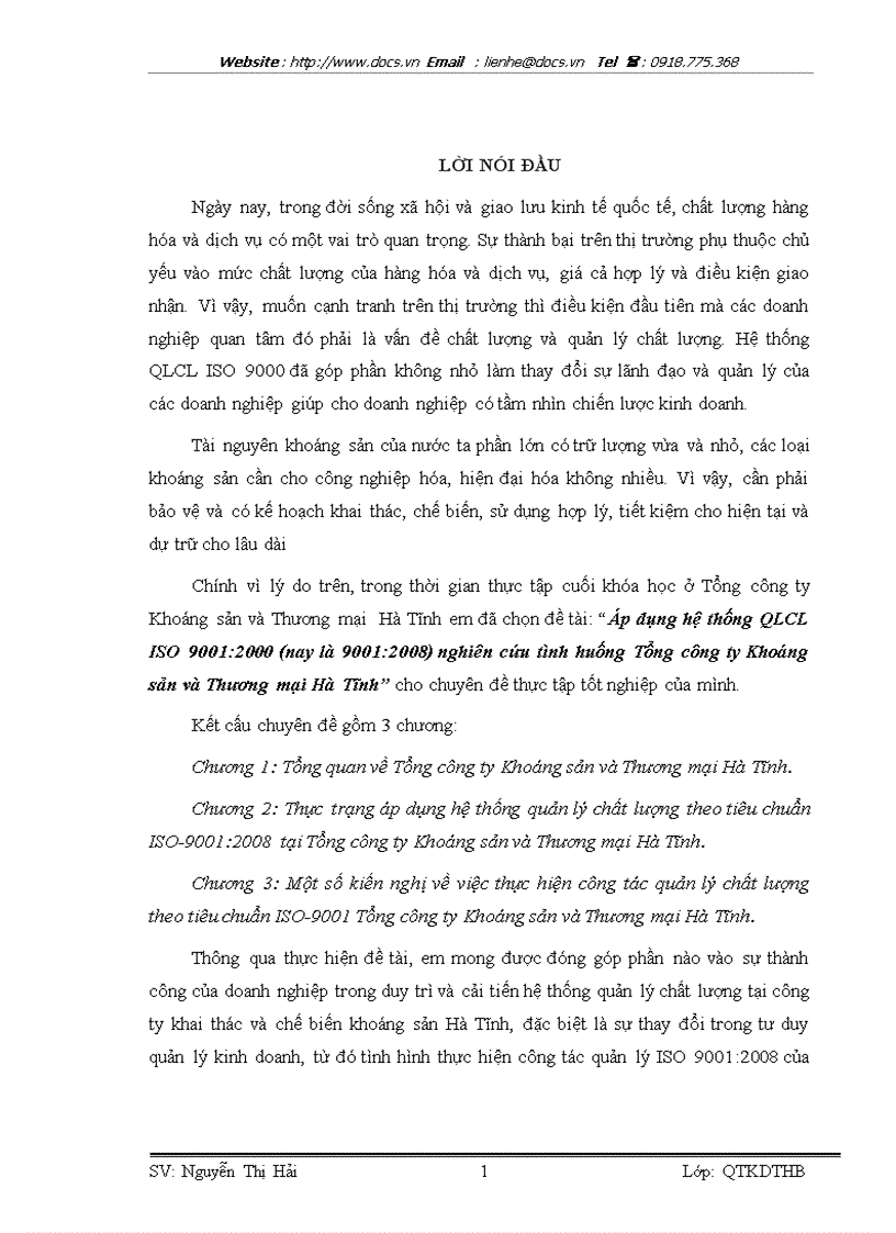 Áp dụng hệ thống QLCL ISO 9001 2000 nay là 9001 2008 nghiên cứu tình huống Tổng công ty Khoáng sản và Thương mại Hà Tĩnh