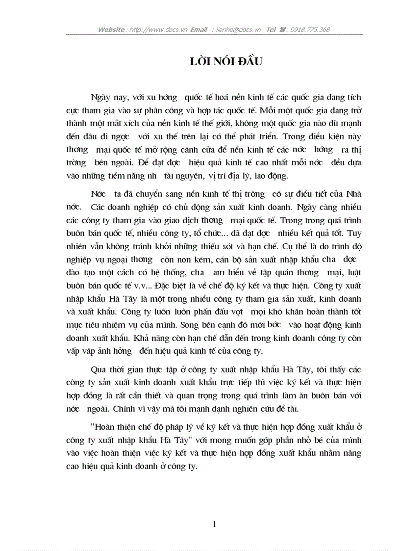 Hoàn thiện chế độ pháp lý về ký kết và thực hiện hợp đồng xuất khẩu ở công ty xuất nhập khẩu Hà Tây
