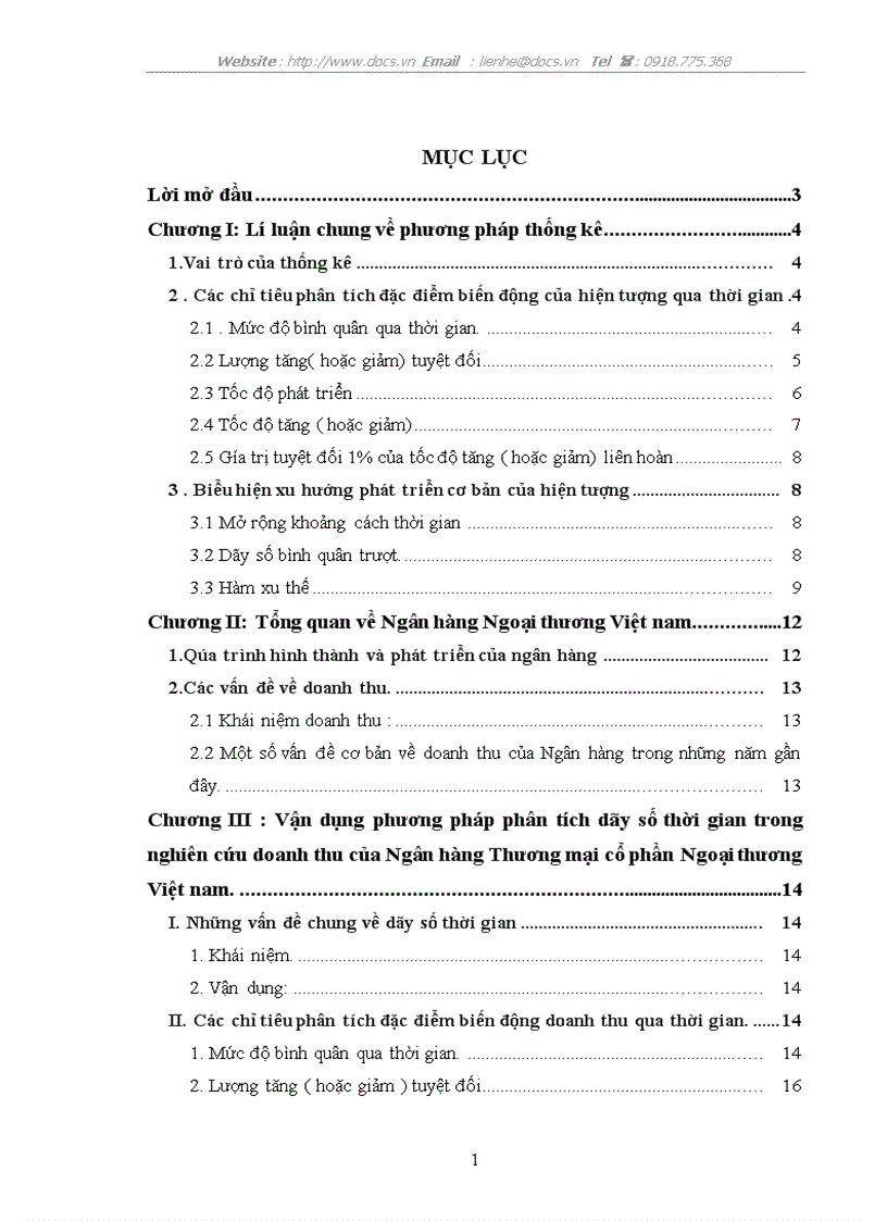 Vận dụng phương pháp dãy số thời gian phân tích biến động của doanh thu của ngân hàng Ngoại thương Việt nam giai đoạn 2000 2009