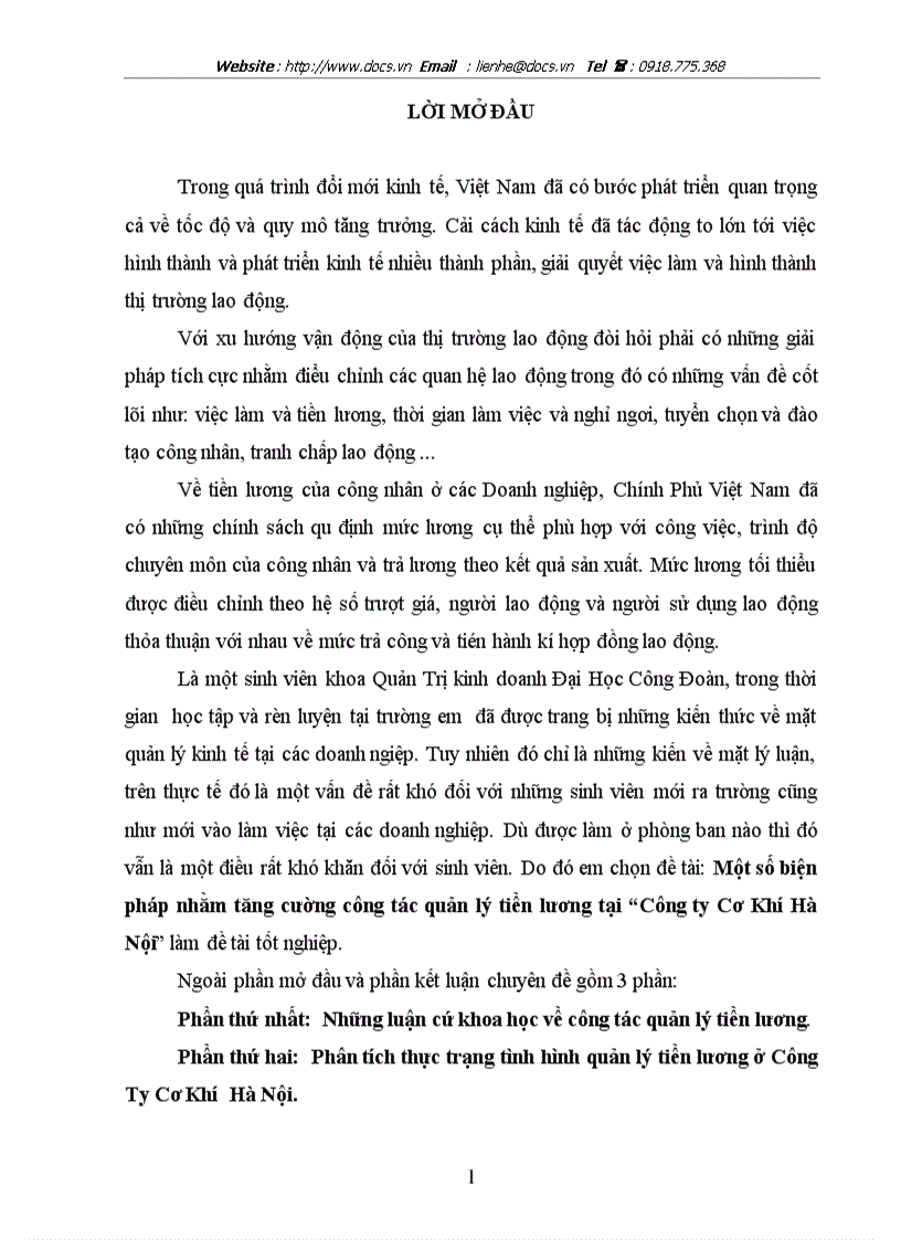 Một số biện pháp nhằm tăng cường công tác quản lý tiền lương tại Công ty Cơ Khí Hà Nội