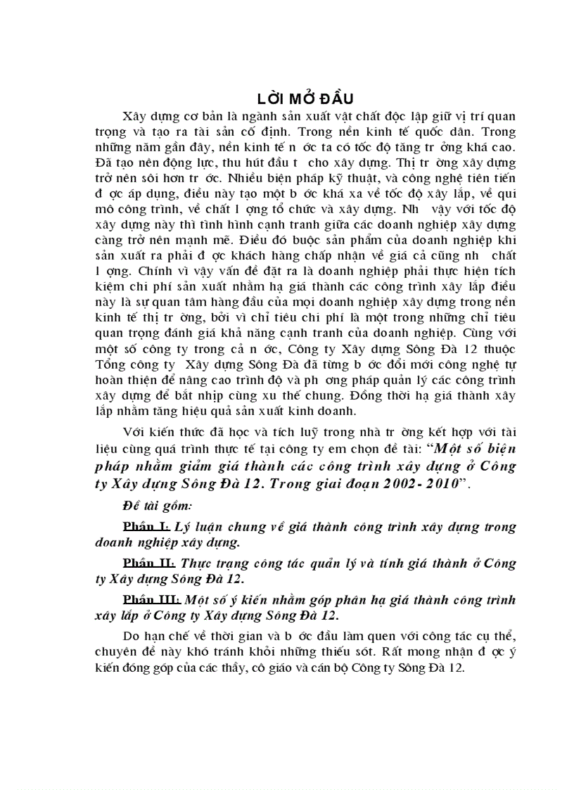 Một số biện pháp nhằm giảm giá thành các công trình xây dựng ở Công ty Xây dựng Sông Đà 12 Trong giai đoạn 2002 2010