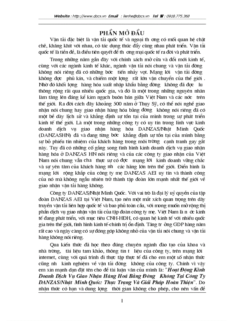 Hoạt Động Kinh Doanh Dịch Vụ Giao Nhận Hàng Hoá Bằng Đường Không Tại Công Ty DANZAS Nhật Minh Quốc Thực Trạng Và Giải Pháp Hoàn Thiện