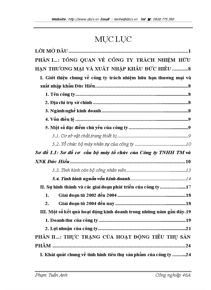 Biện pháp thúc đẩy công tác tiêu thụ sản phẩm của công ty trách nhiệm hữu hạn thương mại và xuất nhập khẩu Đức Hiếu