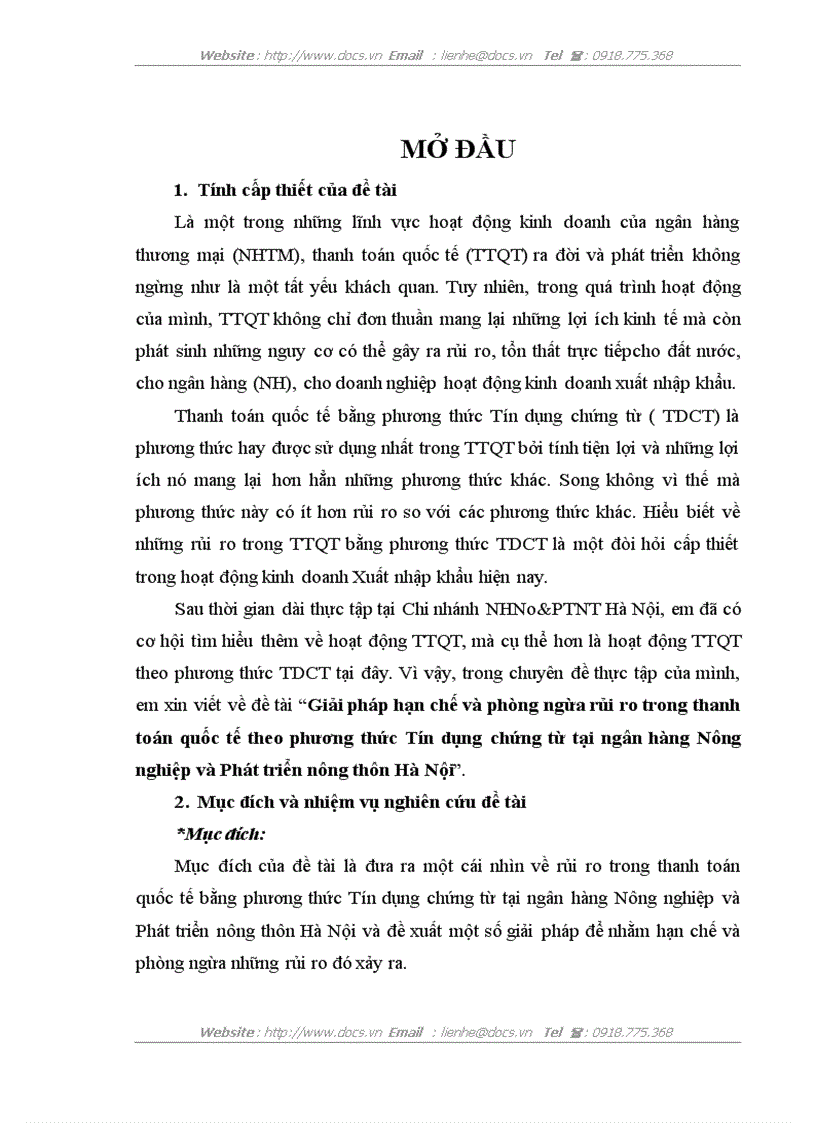Giải pháp hạn chế và phòng ngừa rủi ro trong thanh toán quốc tế theo phương thức Tín dụng chứng từ tại ngân hàng Nông nghiệp và Phát triển nông thôn H