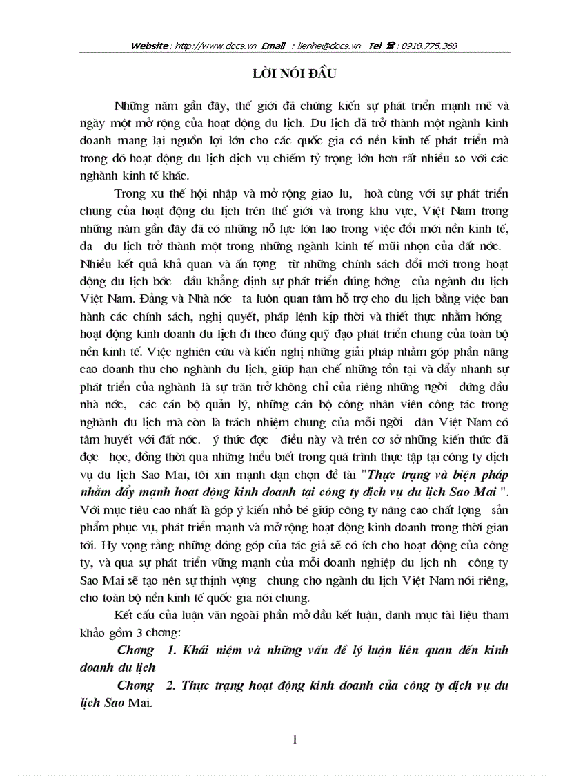 Thực trạng và biện pháp nhằm đẩy mạnh hoạt động kinh doanh tại công ty dịch vụ du lịch Sao Mai