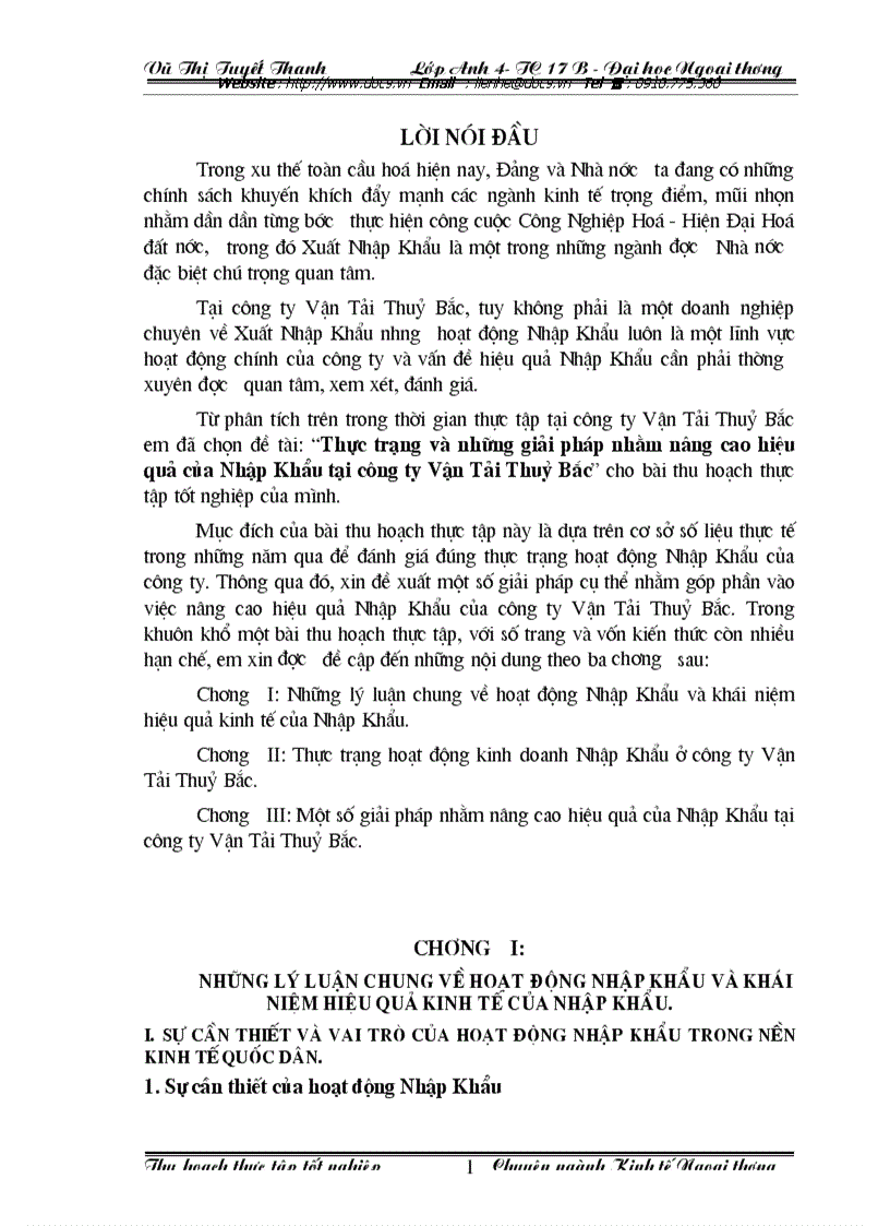 Thực trạng và những giải pháp nhằm nâng cao hiệu quả của Nhập Khẩu tại công ty Vận Tải Thuỷ Bắc