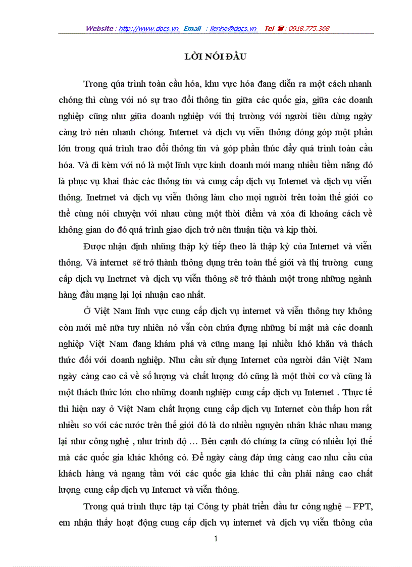 Một số giải pháp nâng cao chất lượng cung cấp dịch vụ Internet và viễn thông tại Công ty phát triển đầu tư công nghệ FPT
