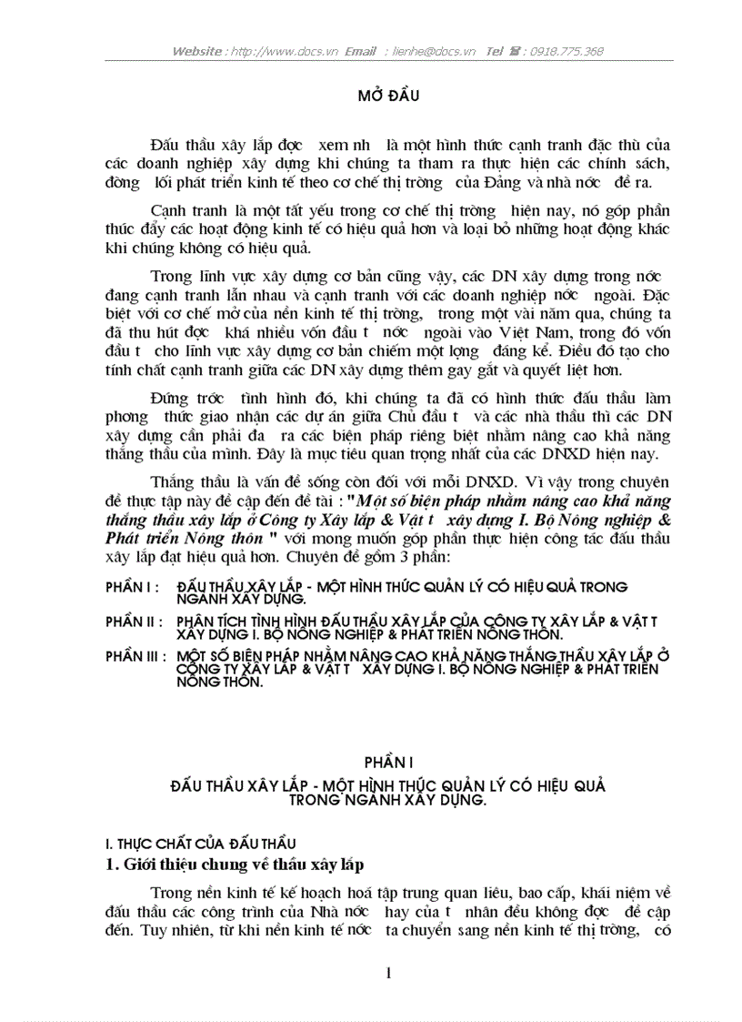 Một số biện pháp nhằm nâng cao khả năng thắng thầu xây lắp ở Công ty Xây lắp Vật tư xây dựng I Bộ Nông nghiệp Phát triển Nông thôn