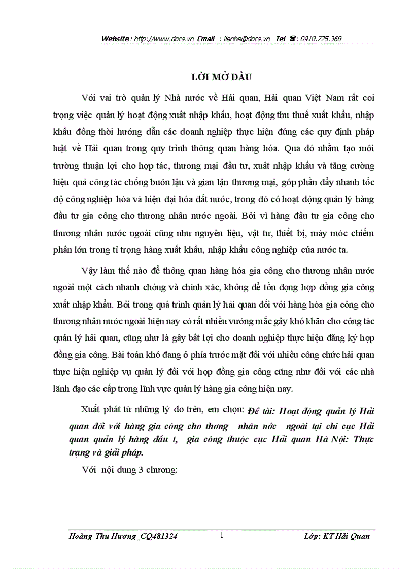Hoạt động quản lý Hải quan đối với hàng gia công cho thương nhân nước ngoài tại chi cục Hải quan quản lý hàng đầu tư gia công thuộc cục Hải quan Hà N