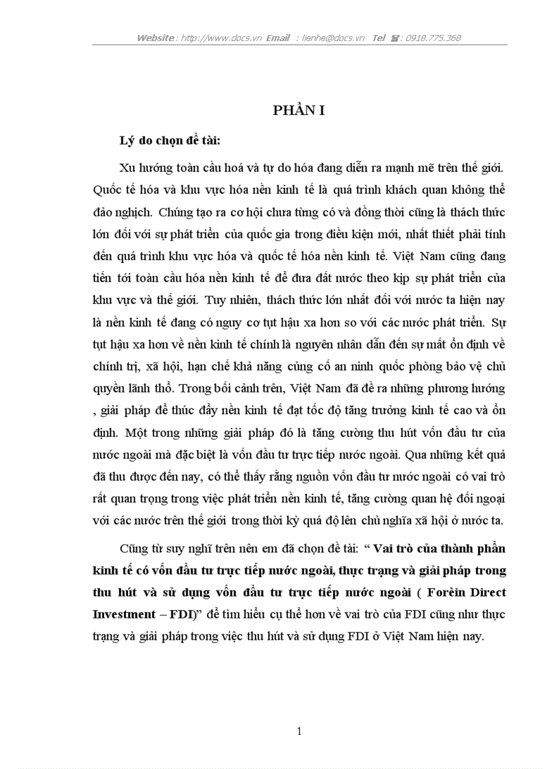 Vai trò của thành phần kinh tế có vốn đầu tư trực tiếp nước ngoài thực trạng và giải pháp trong thu hút và sử dụng vốn đầu tư trực tiếp nước ngoài