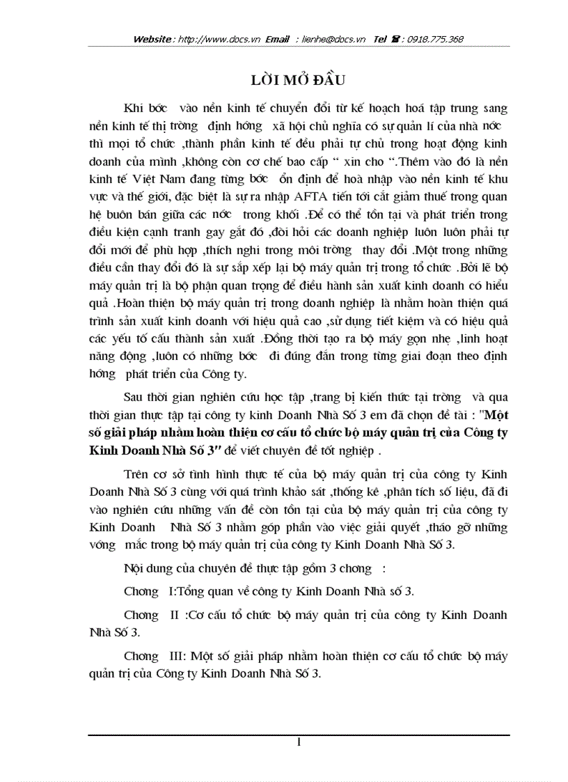 Một số giải pháp nhằm hoàn thiện cơ cấu tổ chức bộ máy quản trị của Công ty Kinh Doanh Nhà Số 3